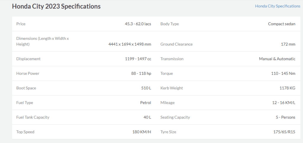 Honda City 2023 Specifications